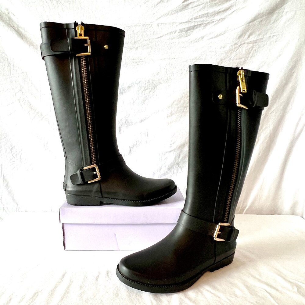 Henry Ferrera Pull-On Boots, Black Faux Rubber, Knee High, Size 8, EC!